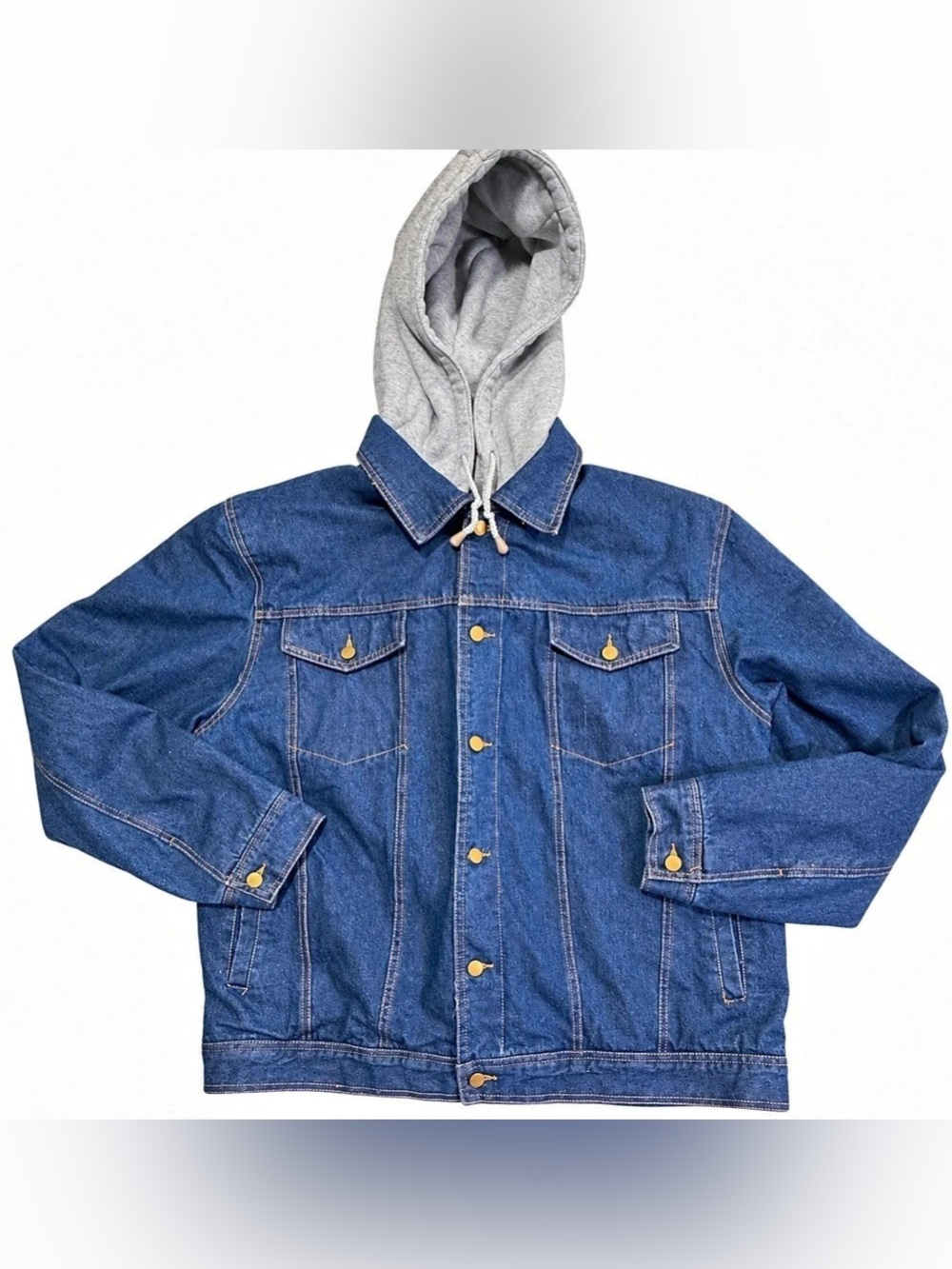 N40 Gear Menโs 3XL Blue Denim Jacket Gray Hood Trucker Jean Jacket